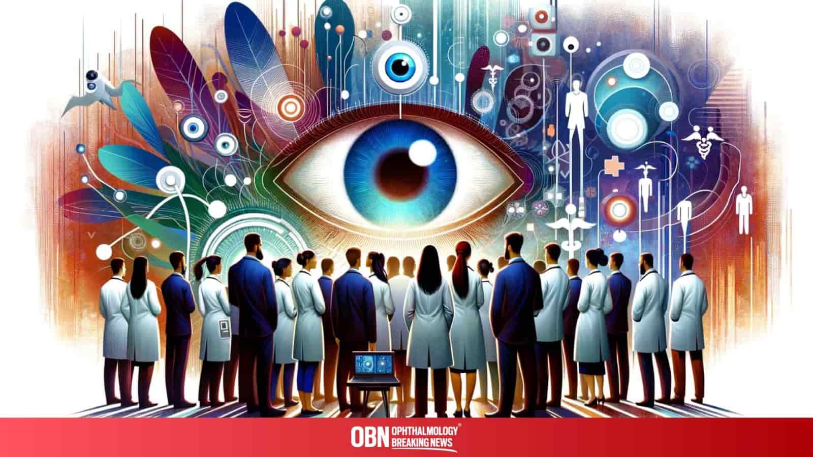 a drawing of a group of doctors and people in suits stand together facing some visuals regarding to eyes.